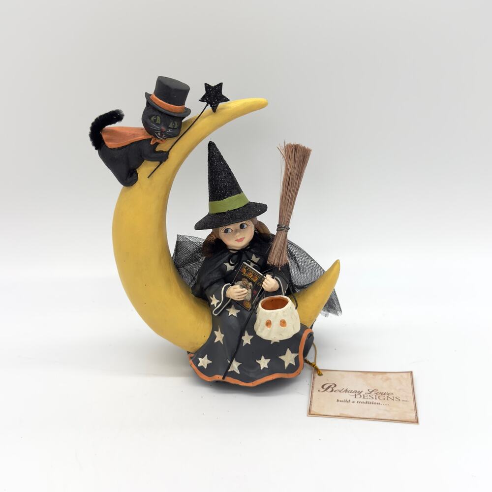 Bethany Lowe Mara On Moon Halloween Girl with Black Cat Ghost Bucket & Broom NEW
